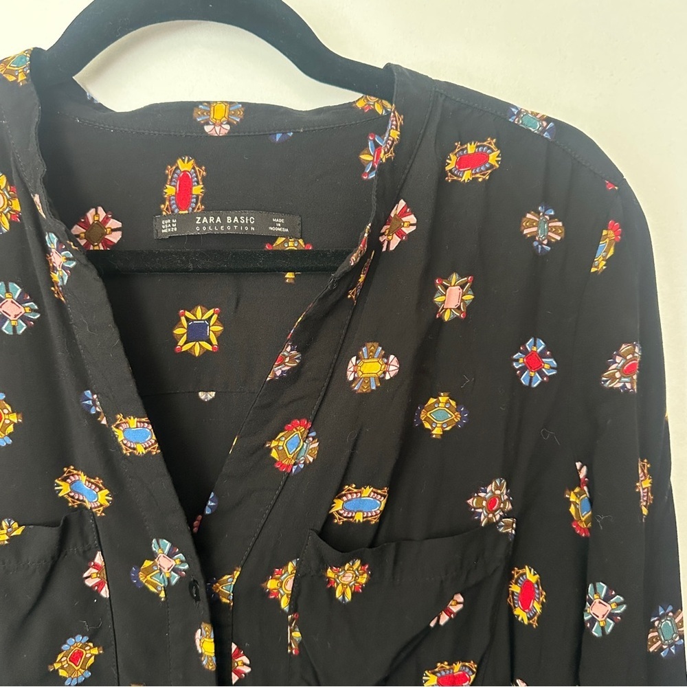 ZARA Basic Jewel Print Button Down Top Black Size M (Fits S) - Picture 4 of 7